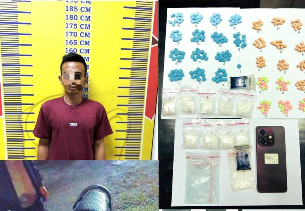 Pelaku berinisial RS (27), warga Desa Lumpatan, Muba dan barang bukti narkoba. Fhoto: Istimewa