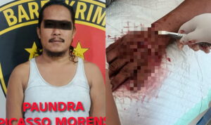 Sebelah kiri, Sopir berinisial PR berhasil diamankan Polsek Keluang. Sebelah kanan, tangan korban yang mengalami luka oleh senjata tajam pelaku. Fhoto: Istimewa Sebelah kiri, Sopir berinisial PR berhasil diamankan Polsek Keluang. Sebelah kanan, tangan korban yang mengalami luka oleh senjata tajam pelaku. Fhoto: Istimewa