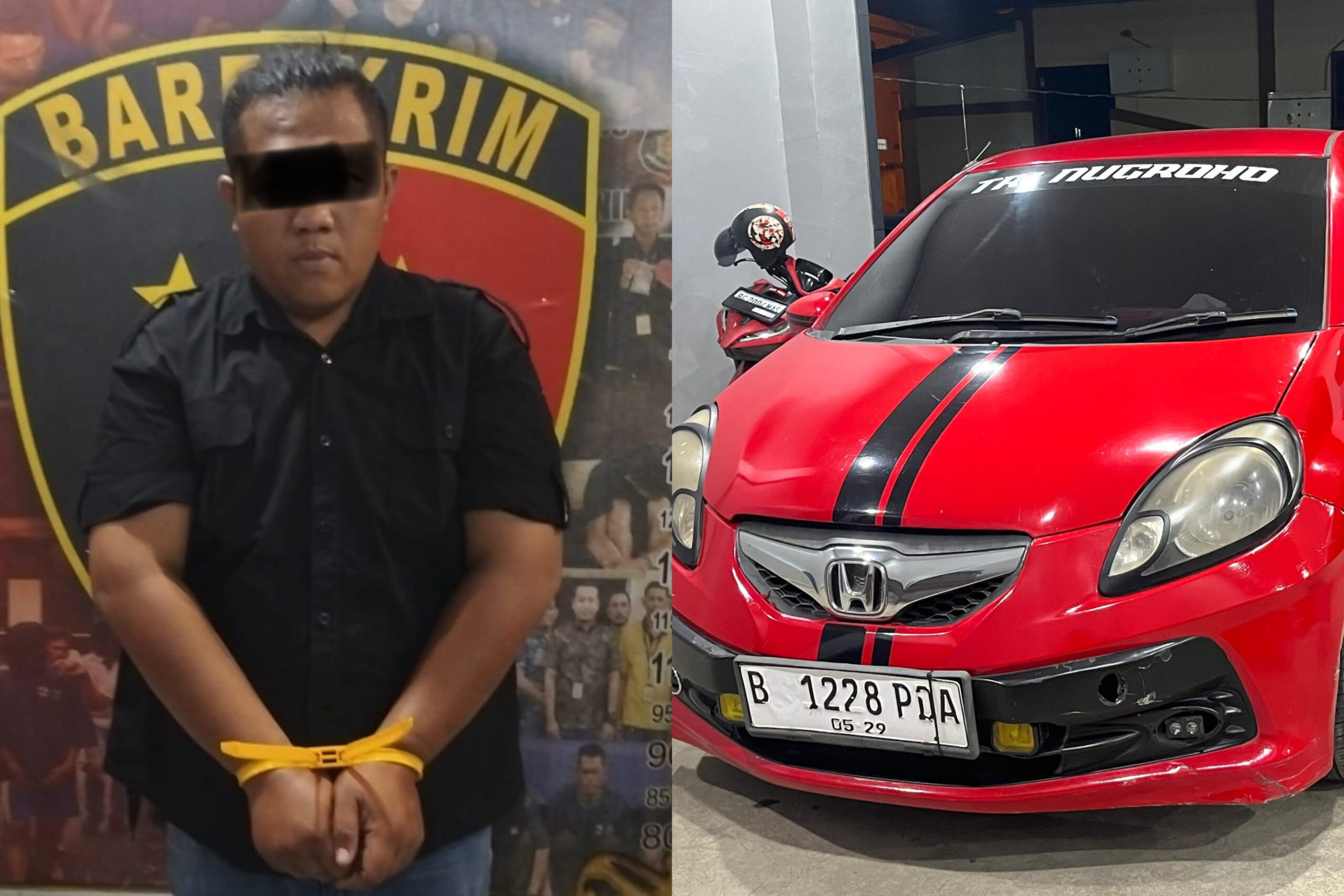 Kanan, Pelaku M.A.P yang merupakan mantan kekasih Korban. Kiri, barang bukti mobil yang diamankan polisi. Fhoto: Istimewa