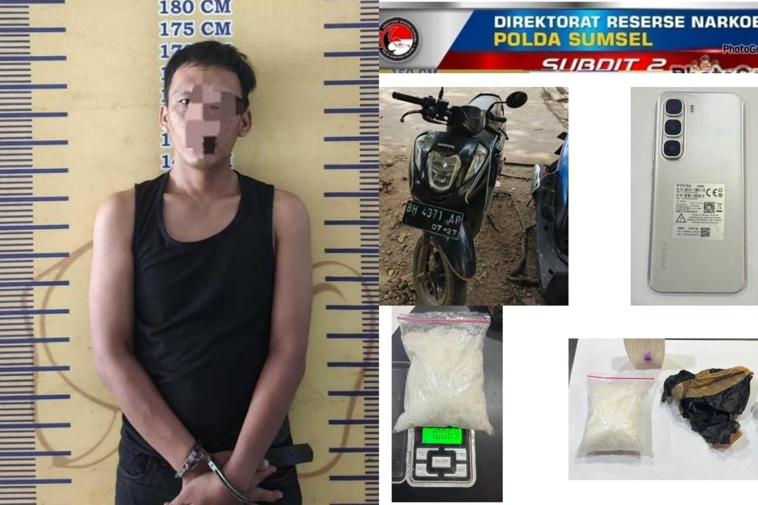 Pelaku berinisial DA dan barang bukti yang berhasil diamankan Ditresnarkoba Polda Sumsel. Fhoto: Istimewa