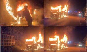 Detik-detik Bus PO Palala Terbakar di Bayung Lencir, 38 Penumpang Lolos dari Maut, Sabtu (30/5/26). Fhoto: Suherman