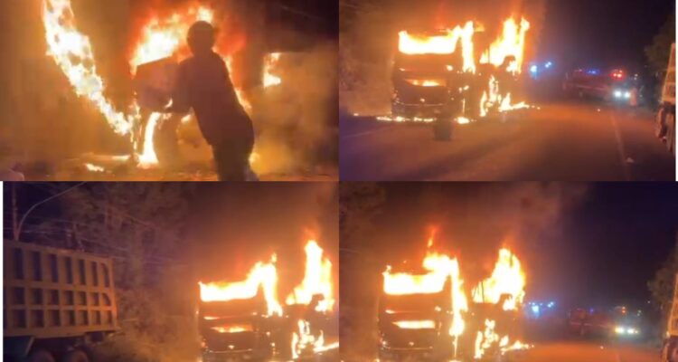 Detik-detik Bus PO Palala Terbakar di Bayung Lencir, 38 Penumpang Lolos dari Maut, Sabtu (30/5/26). Fhoto: Suherman