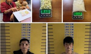 Tersangka berinisial M (38) dan RA (30) dengan barang bukti berupa 100,53 gram sabu dan 100 butir pil ekstasi. Fhoto: Istimewa