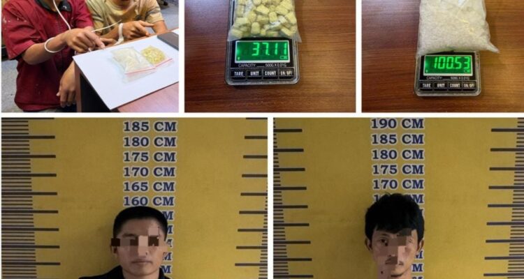 Tersangka berinisial M (38) dan RA (30) dengan barang bukti berupa 100,53 gram sabu dan 100 butir pil ekstasi. Fhoto: Istimewa
