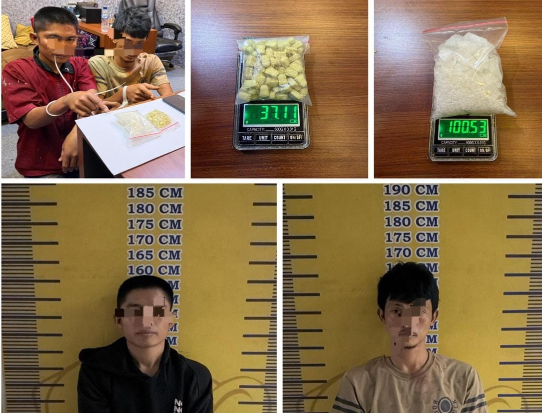 Tersangka berinisial M (38) dan RA (30) dengan barang bukti berupa 100,53 gram sabu dan 100 butir pil ekstasi. Fhoto: Istimewa