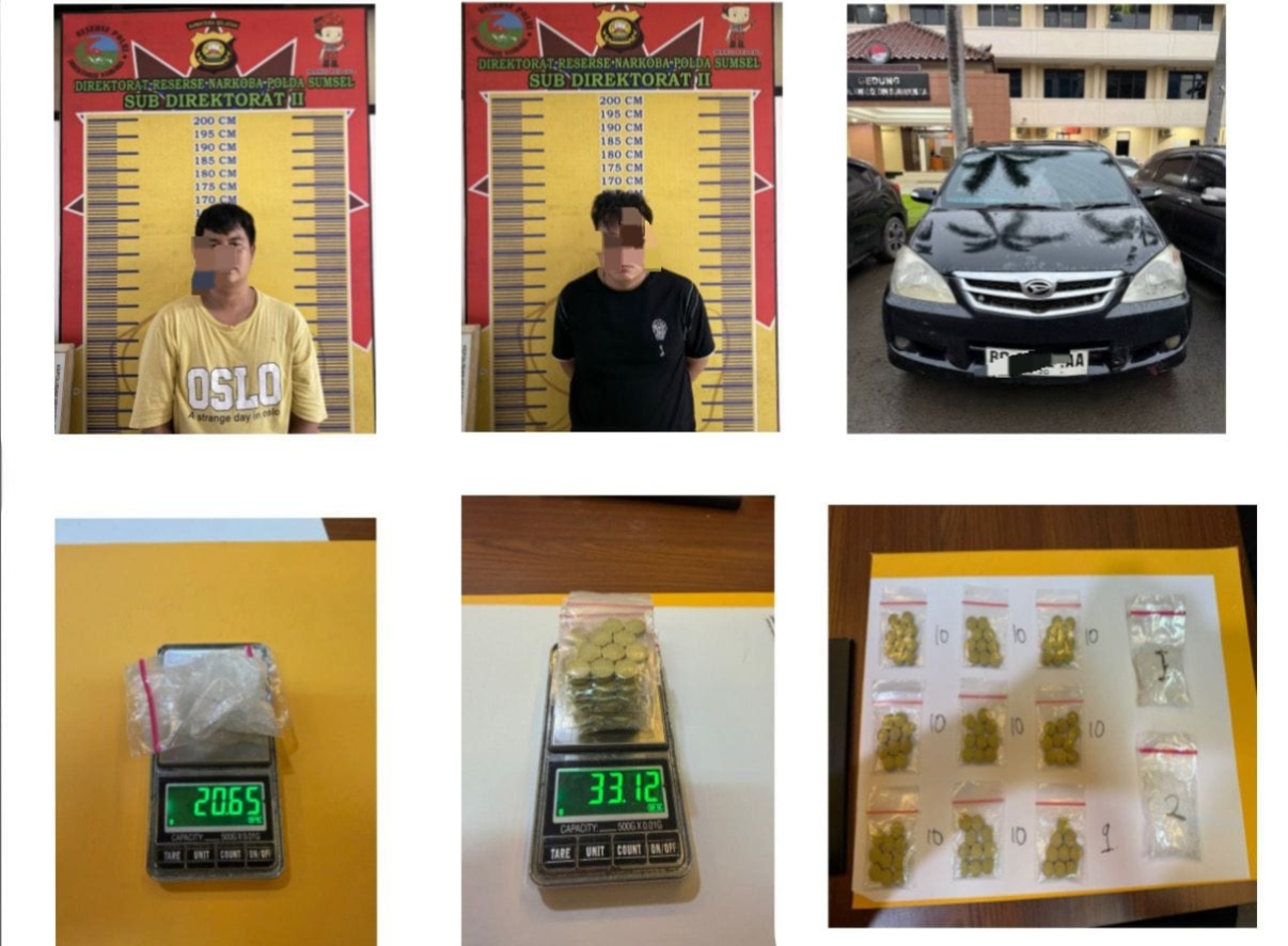 2 pelaku dan barang bukti narkoba yang berhasil disita Ditresnarkoba Polda Sumsel