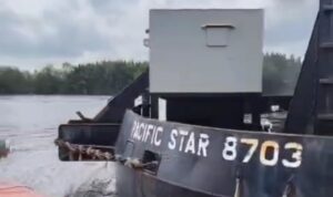 Tongkang Batu Bara Pasific Star 8703, saat menyeruduk Tiang revitalisasi Jembatan Lalan, Rabu (13/5/26). Fhoto: Suherman