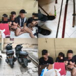 Enam pemuda pelaku tawuran dan barang bukti Sajam dan motor yang diamankan di Polsek Ilir Barat 1 Palembang, Jum'at (12/6/26). Fhoto: Istimewa