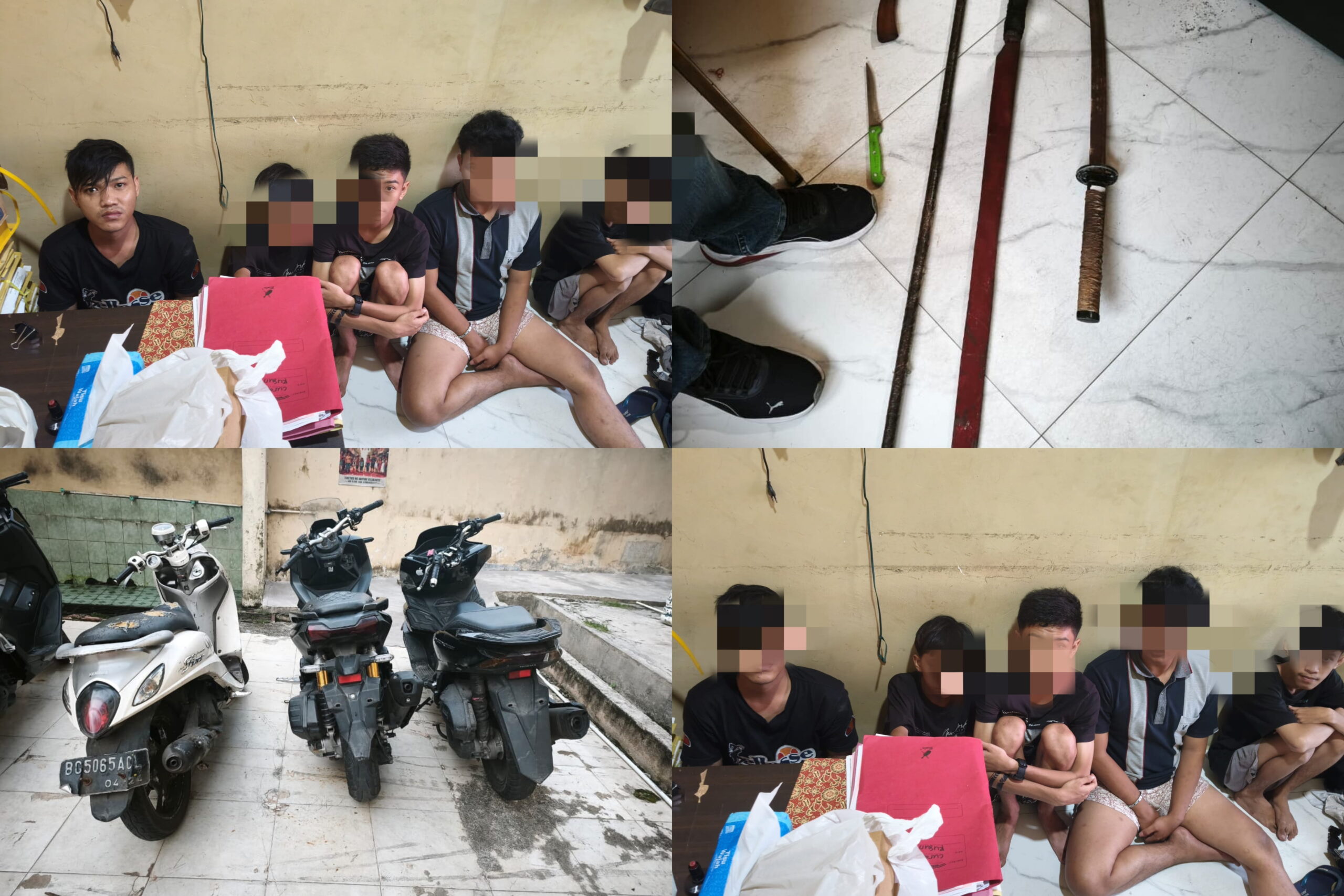 Enam pemuda pelaku tawuran dan barang bukti Sajam dan motor yang diamankan di Polsek Ilir Barat 1 Palembang, Jum'at (12/6/26). Fhoto: Istimewa