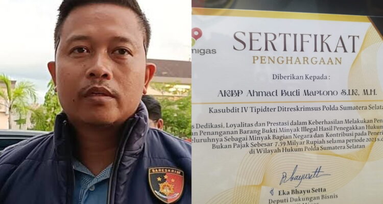 Kasubdit IV Tipidter Ditreskrimsus Polda Sumsel, AKBP Ahmad Budi Martono SIK MH, dan Penghargaan dari SKK Migas. Fhoto: Suherman