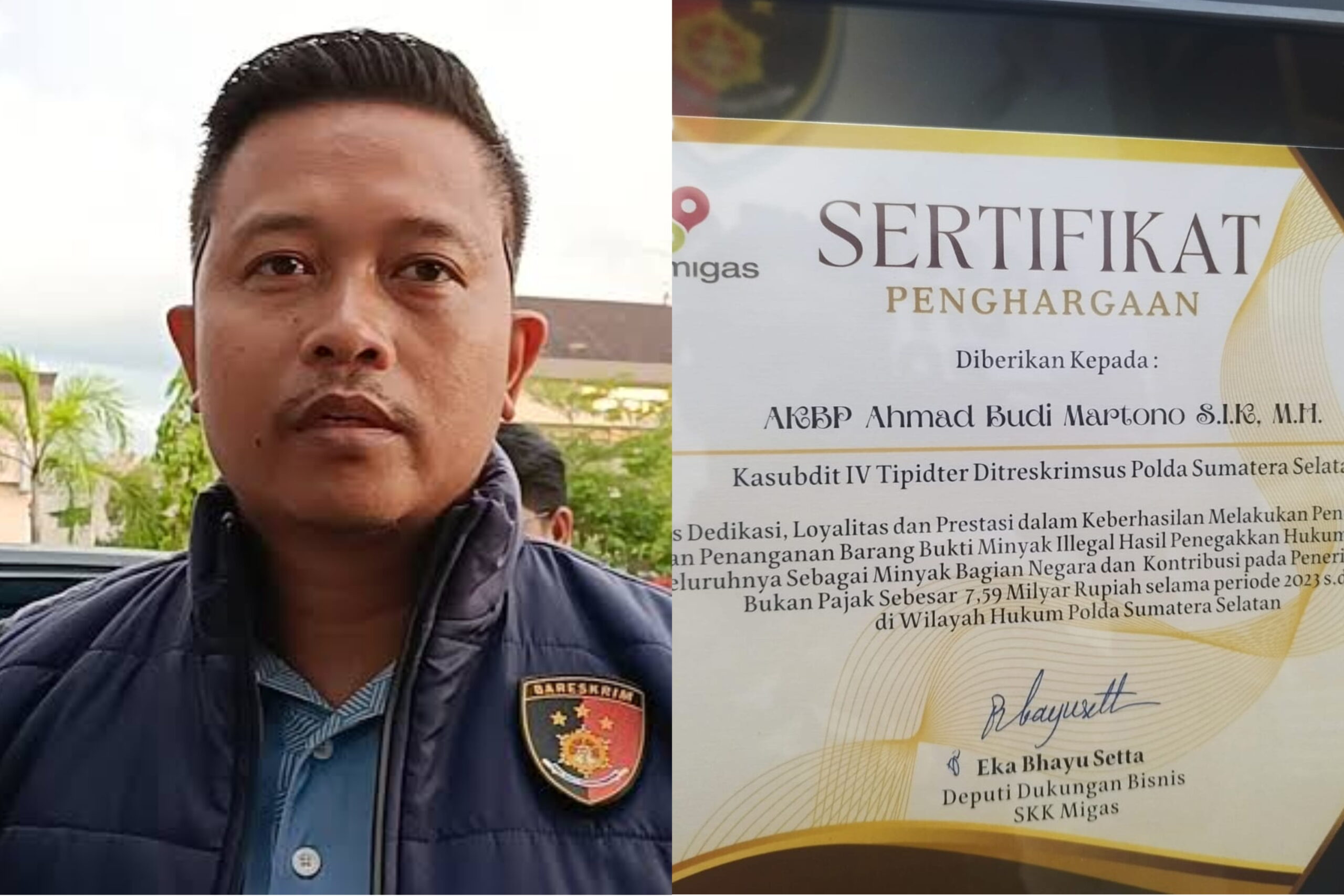 Kasubdit IV Tipidter Ditreskrimsus Polda Sumsel, AKBP Ahmad Budi Martono SIK MH, dan Penghargaan dari SKK Migas. Fhoto: Suherman