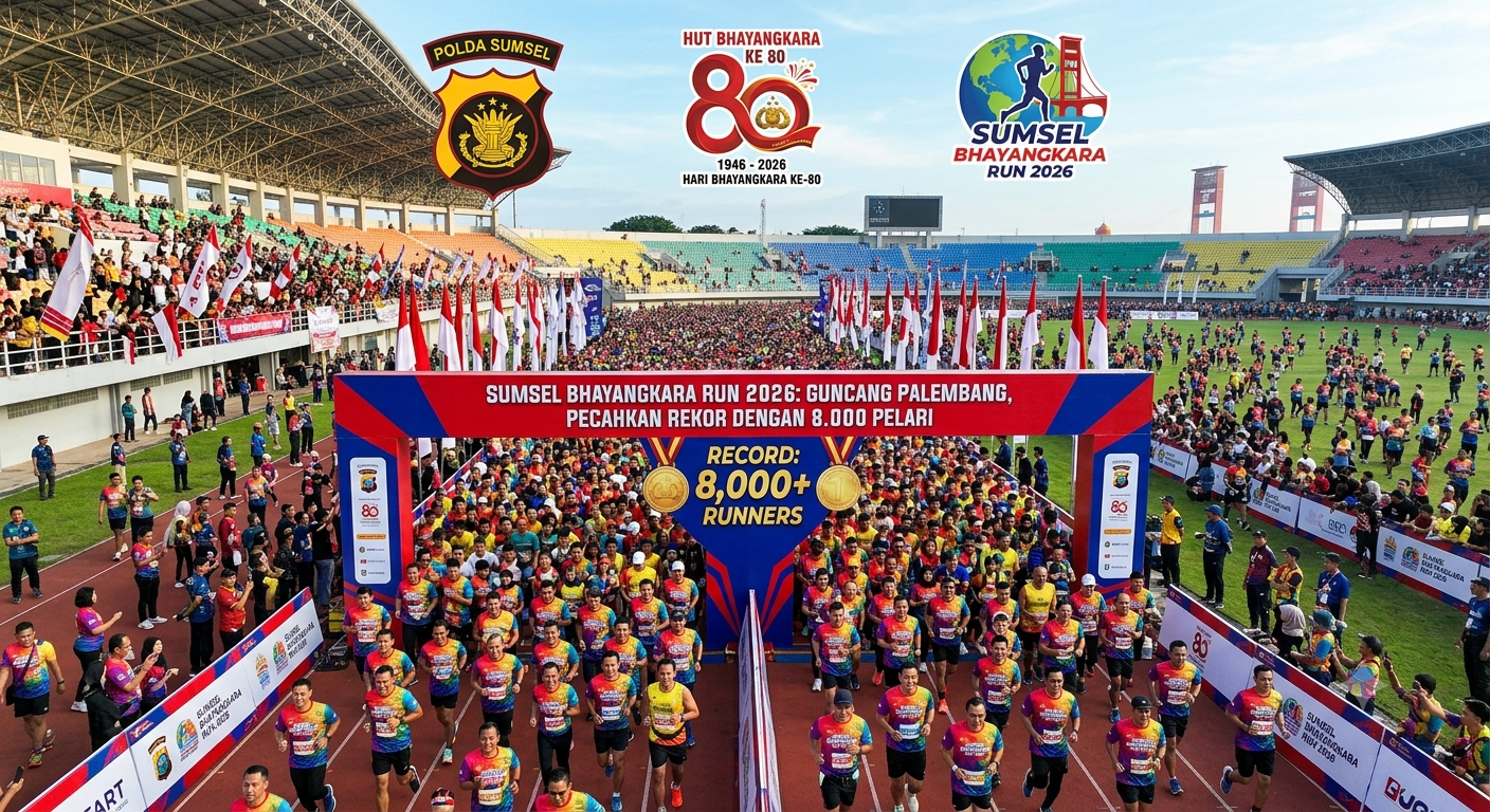 Gambar merupakan ilustrasi AI dari judul Buatkan Gambar dari judul "Guncang Palembang, "Sumsel Bhayangkara Run 2026 Pecahkan Rekor dengan 8.000 Pelari"
