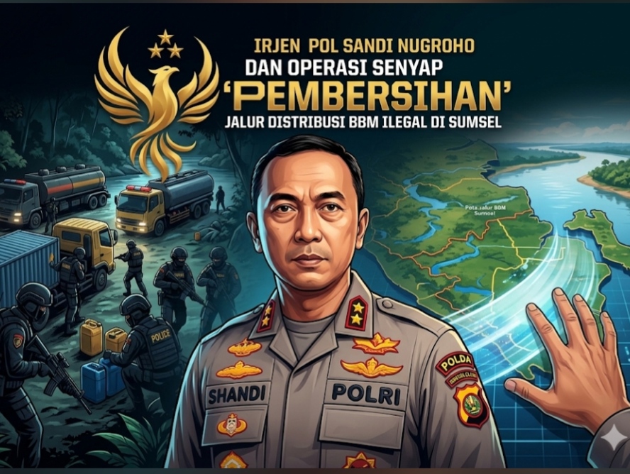 Fhoto merupakan ilustrasi AI, berjudul Irjen Pol Sandi Nugroho dan Operasi Senyap "Pembersihan" Jalur Distribusi BBM Ilegal di Sumsel.